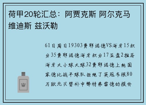 荷甲20轮汇总：阿贾克斯 阿尔克马 维迪斯 兹沃勒