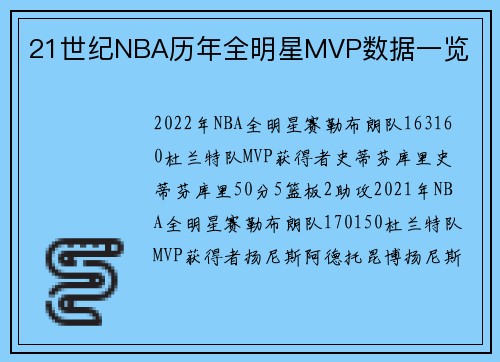 21世纪NBA历年全明星MVP数据一览