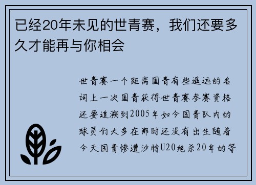 已经20年未见的世青赛，我们还要多久才能再与你相会
